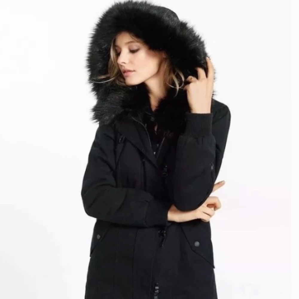 Express Black Faux Fur Trim Parka coat